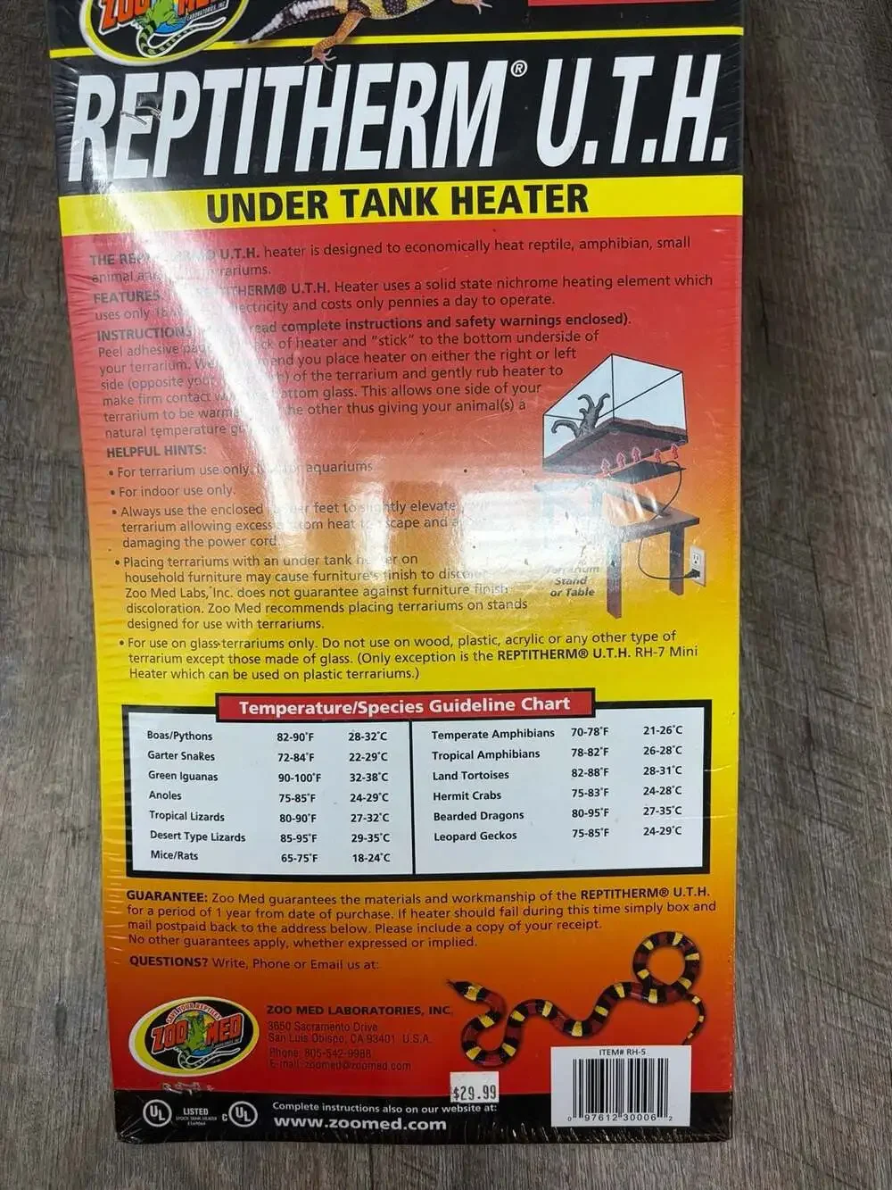 Zoo Med ReptiTherm U.T.H. Under Tank Heater 30-40 Gallon Terrarium Size RH-5